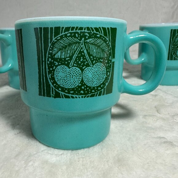 4 Vintage Teal Blue Stackable Coffee Mug Cups Turquoise Hazelware Fruit W6809 - Picture 8 of 12